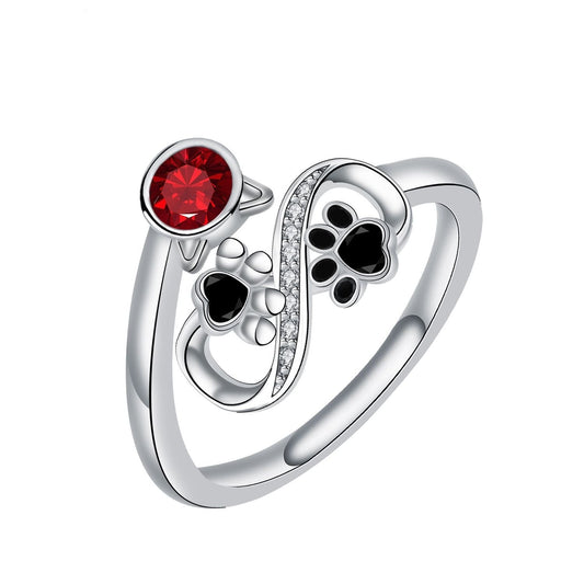 Black Paw Print Ring With Red Gemstone