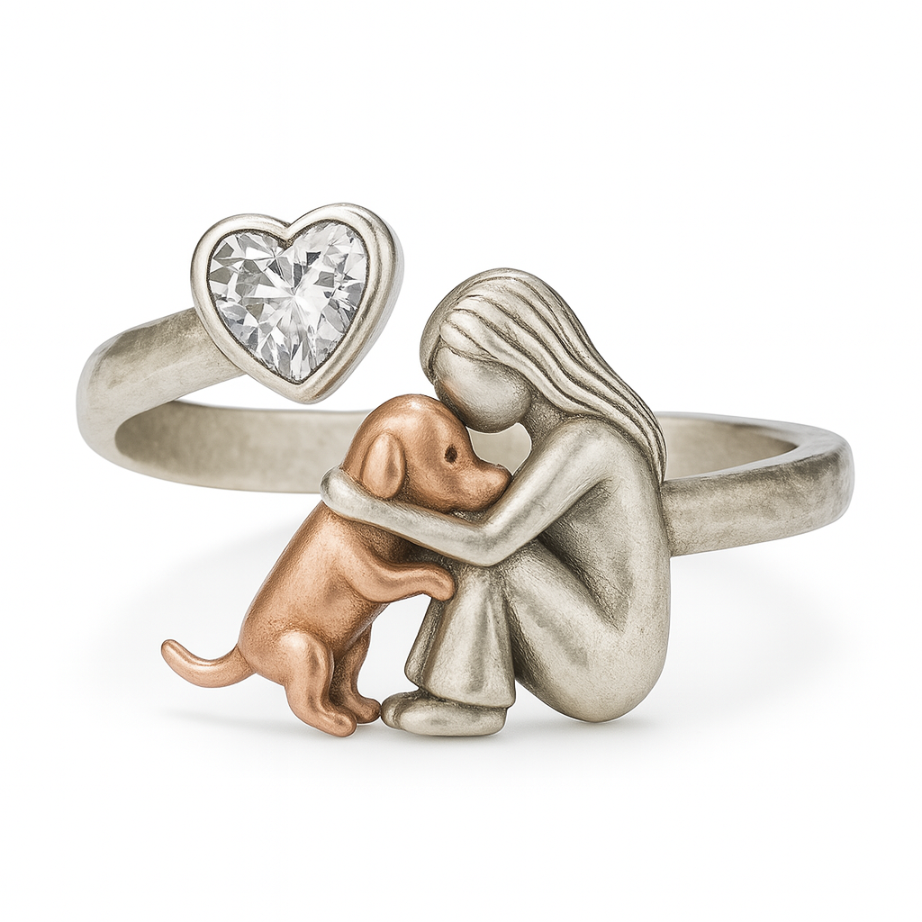 Silver Cuddling Dog Ring with Heart