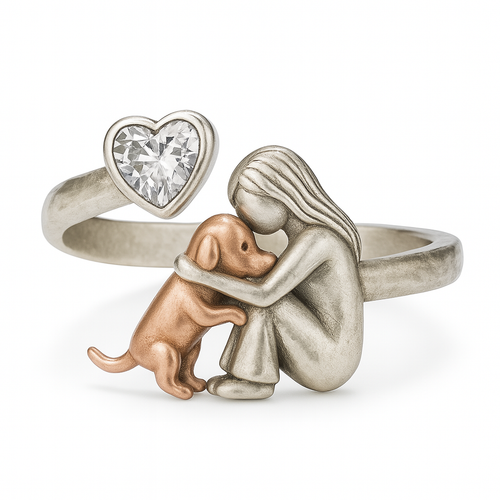 Silver Cuddling Dog Ring with Heart